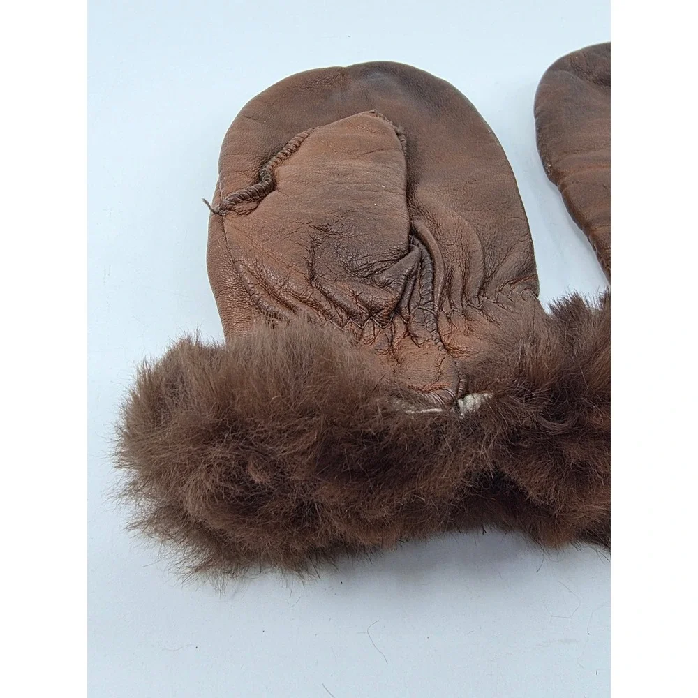 Vintage Brown Leather Mittens Rabbit Fur Trim Winter Gloves Warm Lined Child